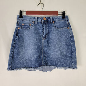 No Boundaries Denim Mini Skirt Juniors 9‎ Blue Pockets Frayed Hem Stone Wash